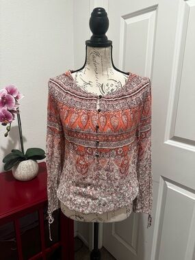 Lucky Brand Orange and Cream Paisley Peasant Blouse